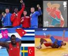 Подиум мужчин греко-120 кг, Михаил López Нуньес (Куба), Хейки Наби (Эстония), Johan Euren (Швеция) и Риза Kayaalp (Турция), Лондон 2012
